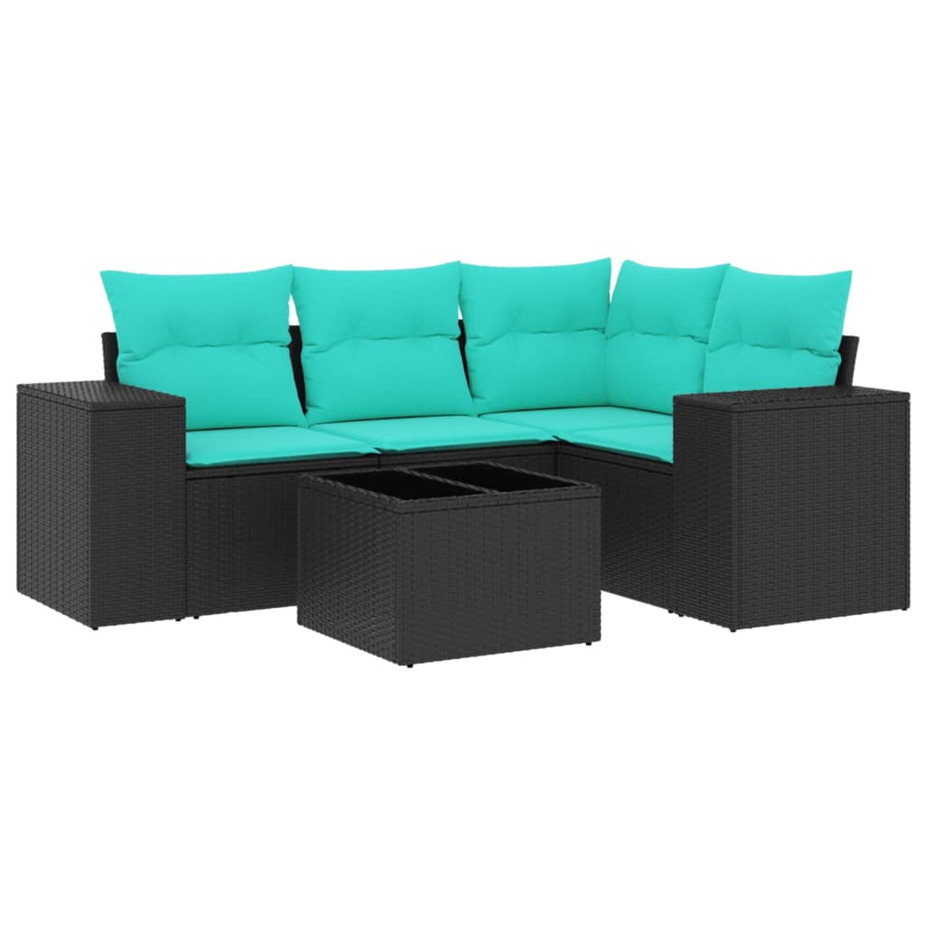 5 Piece Patio Sofa Set with Cushions Black Poly Rattan