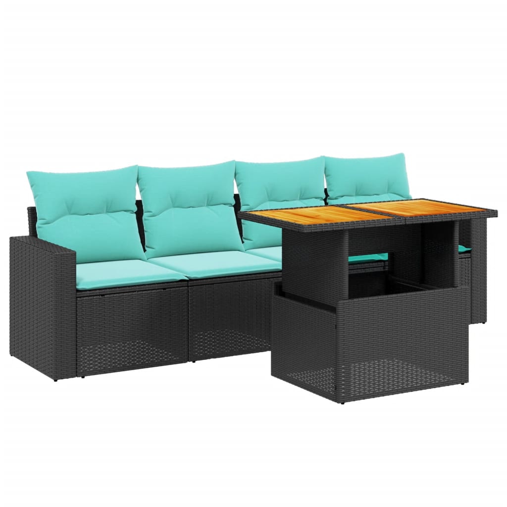 5 Piece Patio Sofa Set with Cushions Black Poly Rattan