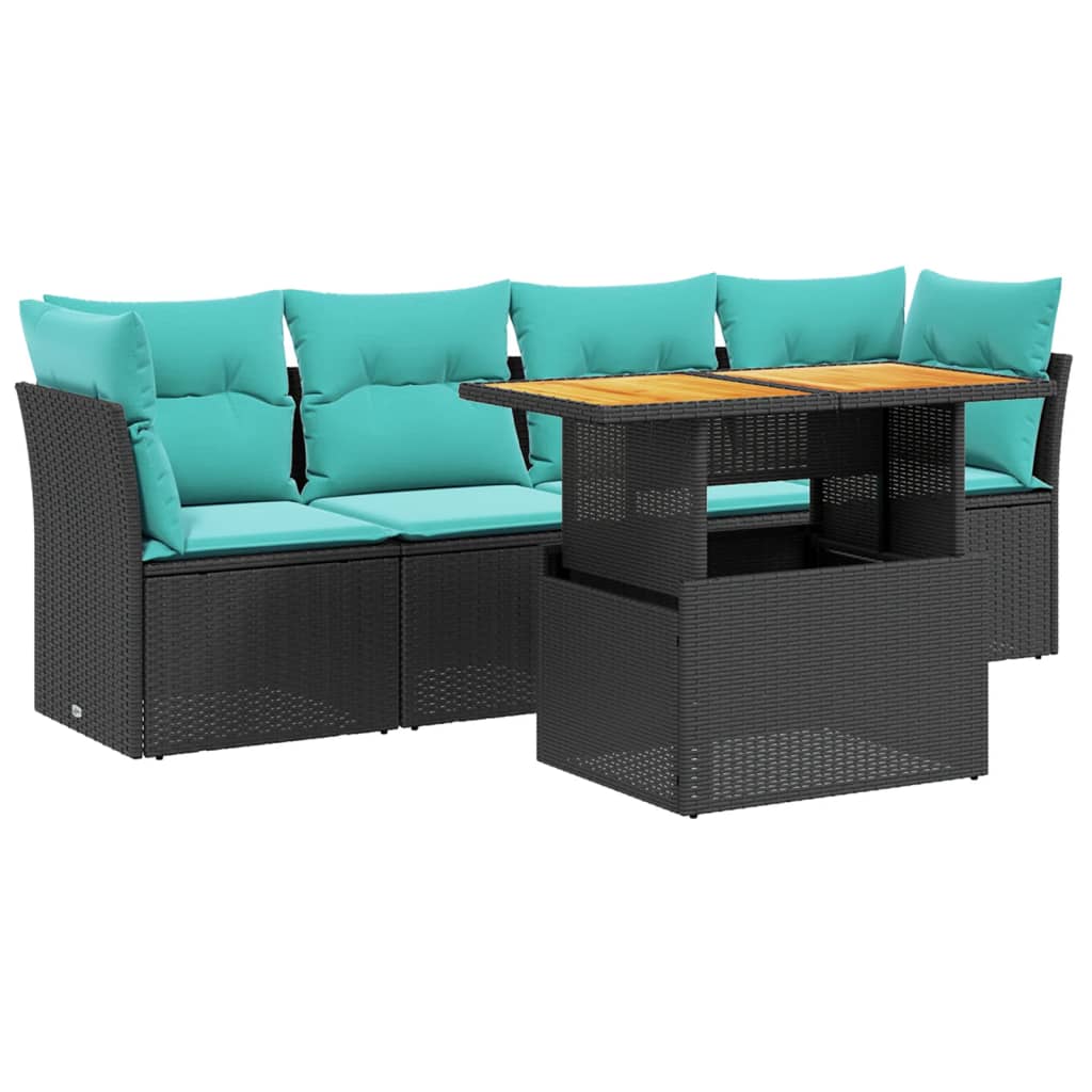 5 Piece Patio Sofa Set with Cushions Black Poly Rattan