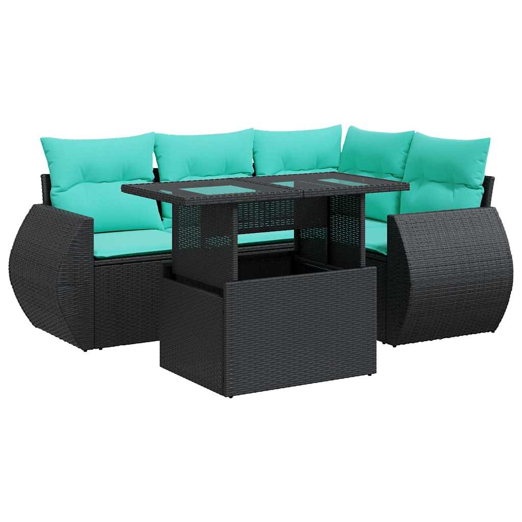 5 Piece Patio Sofa Set with Cushions Black Poly Rattan Acacia