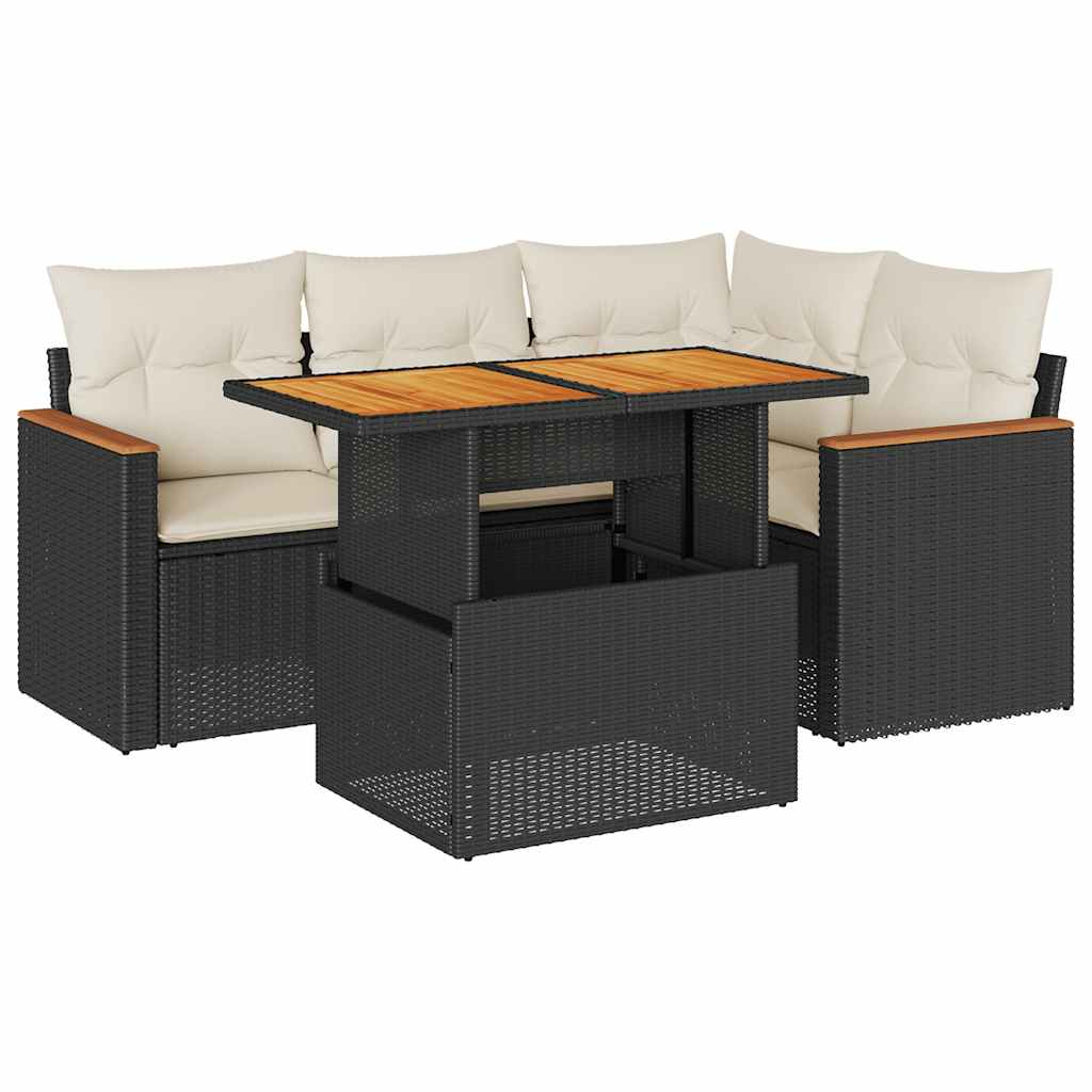 5 Piece Patio Sofa Set with Cushions Black Poly Rattan Acacia