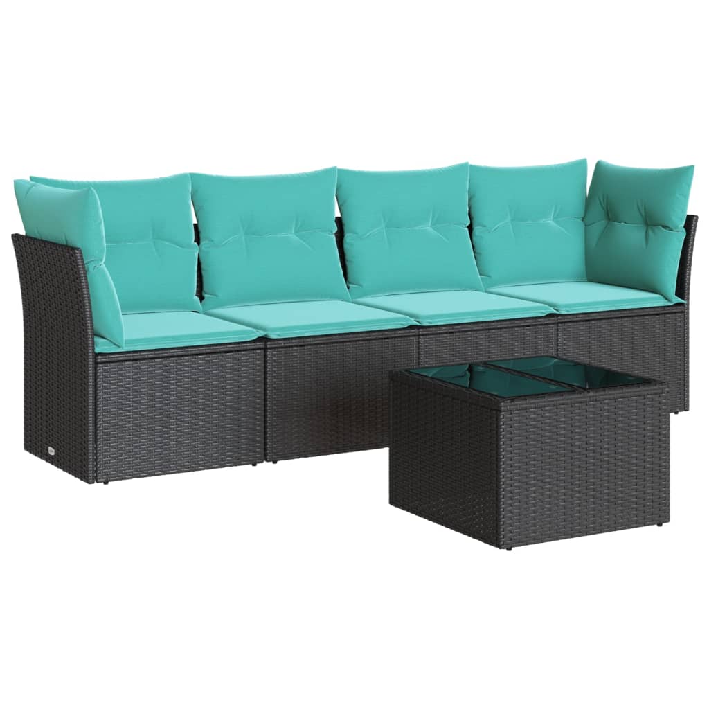 5 Piece Patio Sofa Set with Cushions Black Poly Rattan