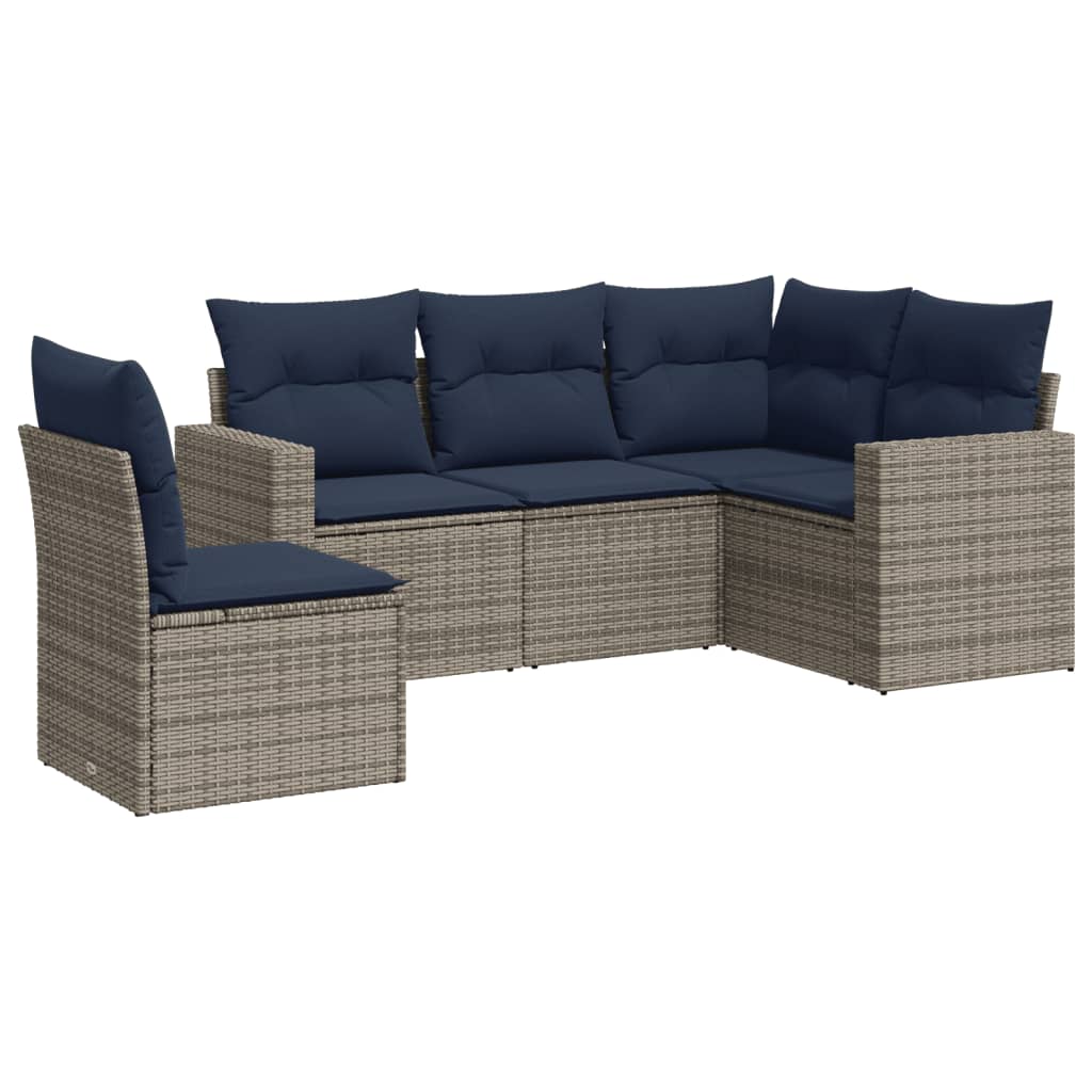 5 Piece Patio Sofa Set with Cushions Gray Poly Rattan