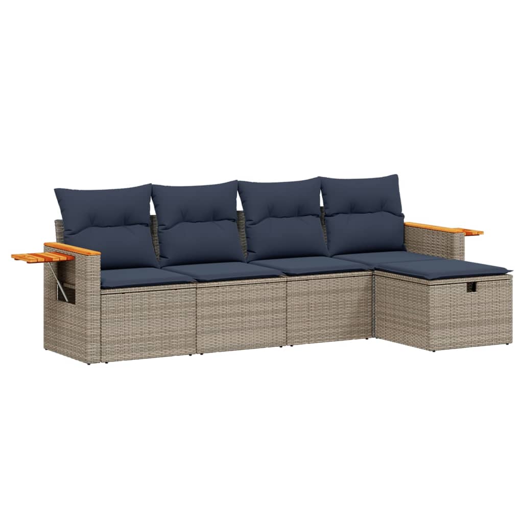 5 Piece Patio Sofa Set with Cushions Gray Poly Rattan