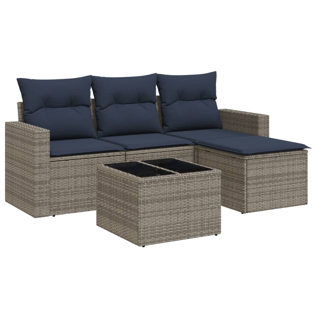 5 Piece Patio Sofa Set with Cushions Gray Poly Rattan