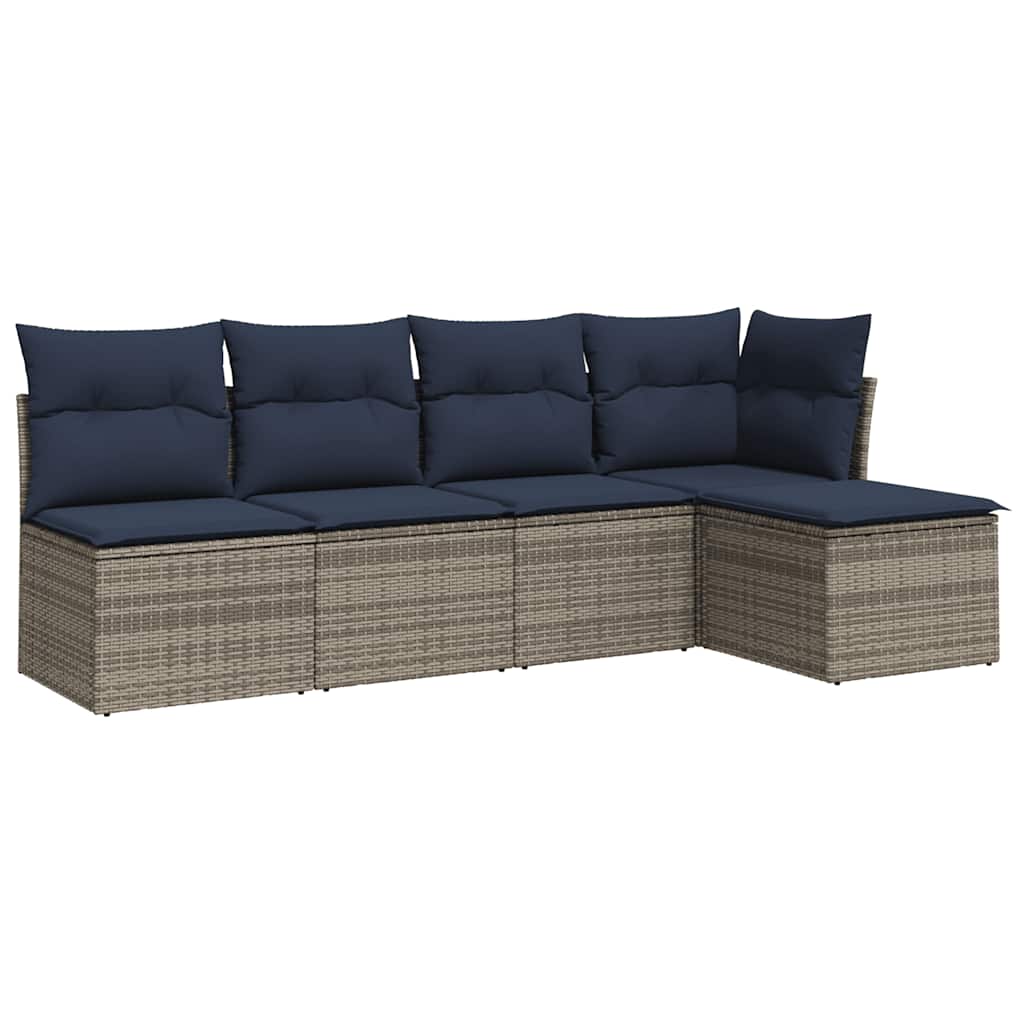 5 Piece Patio Sofa Set with Cushions Gray Poly Rattan
