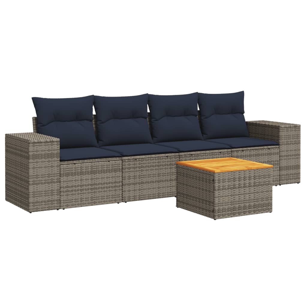 5 Piece Patio Sofa Set with Cushions Gray Poly Rattan