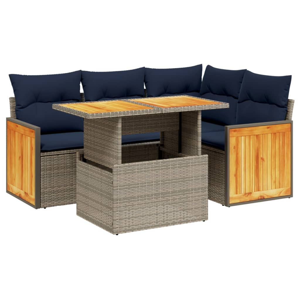 5 Piece Patio Sofa Set with Cushions Gray Poly Rattan