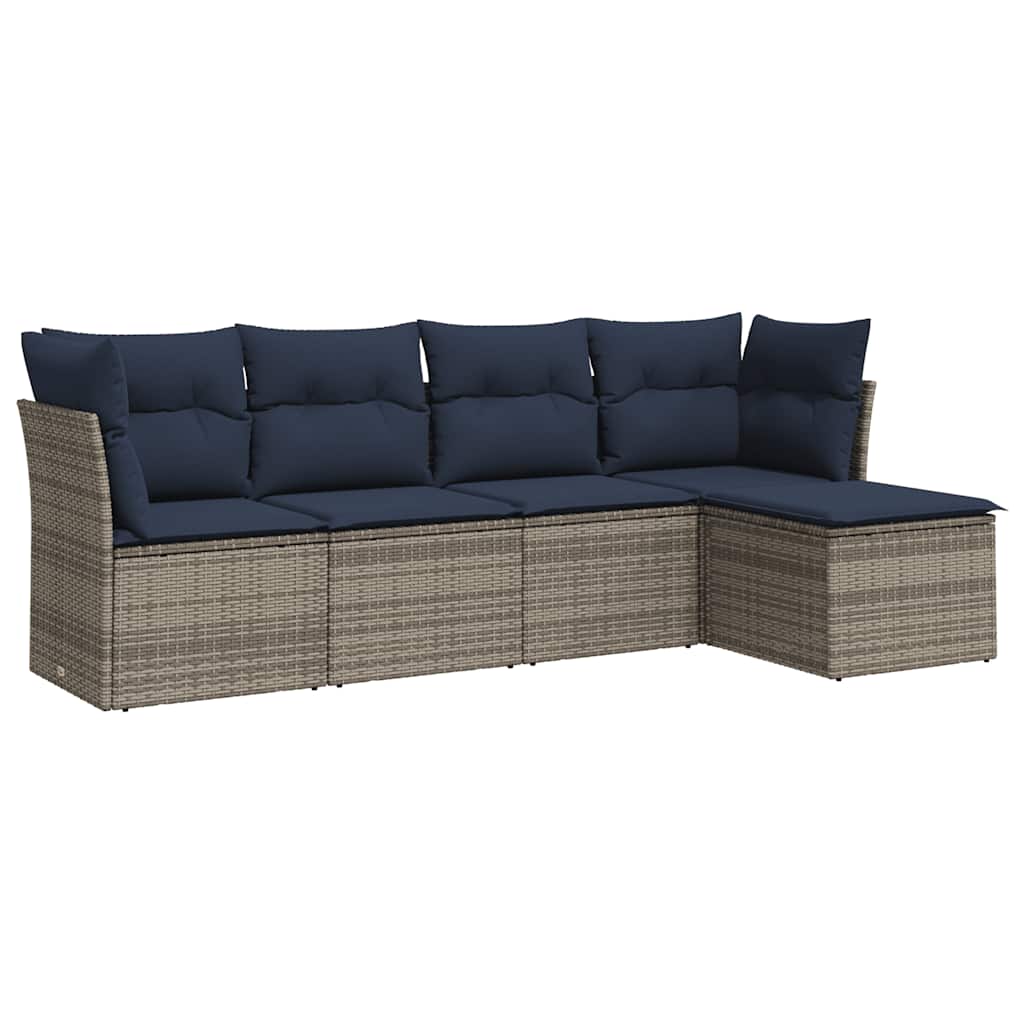 5 Piece Patio Sofa Set with Cushions Gray Poly Rattan