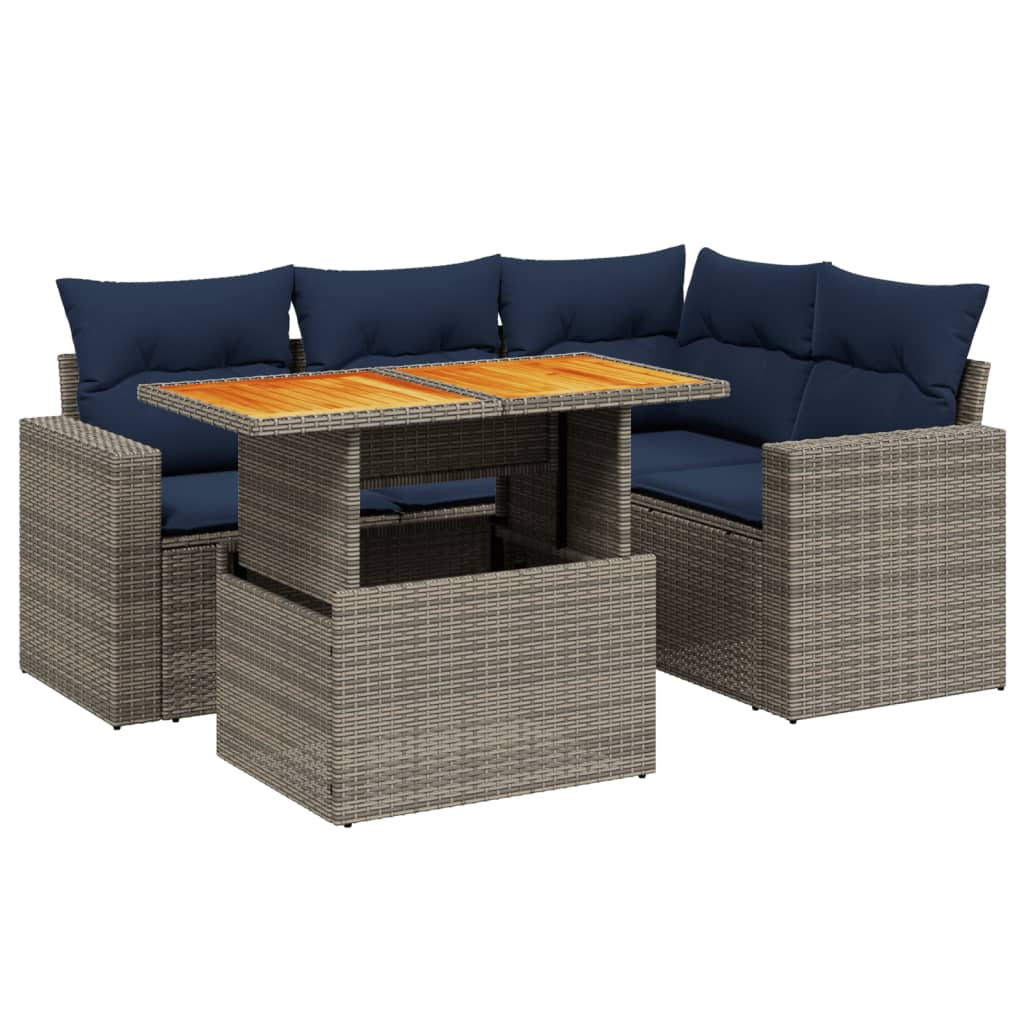 5 Piece Patio Sofa Set with Cushions Gray Poly Rattan