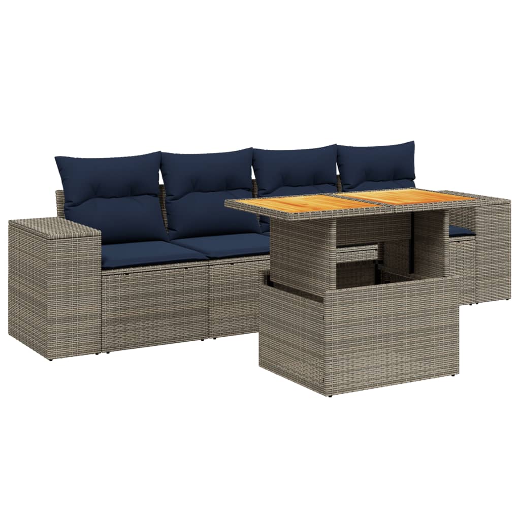 5 Piece Patio Sofa Set with Cushions Gray Poly Rattan