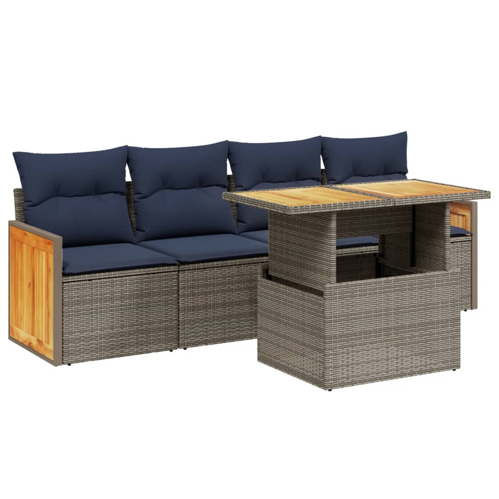 5 Piece Patio Sofa Set with Cushions Gray Poly Rattan