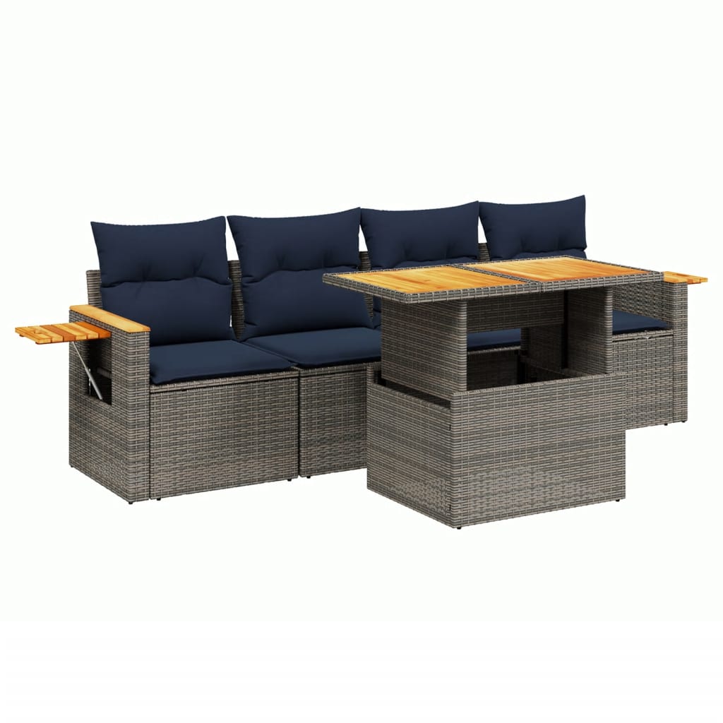5 Piece Patio Sofa Set with Cushions Gray Poly Rattan