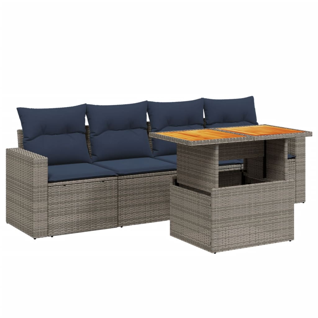 5 Piece Patio Sofa Set with Cushions Gray Poly Rattan