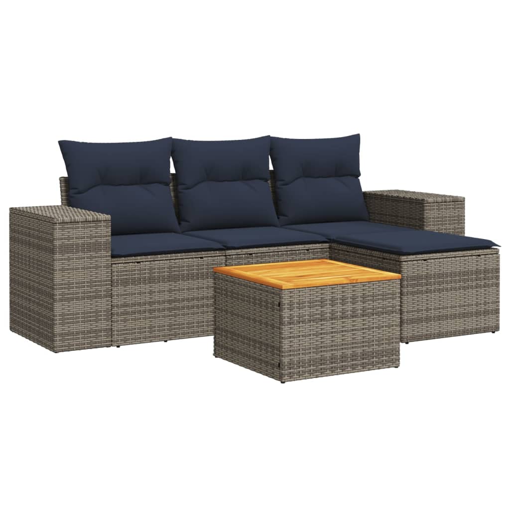 5 Piece Patio Sofa Set with Cushions Gray Poly Rattan