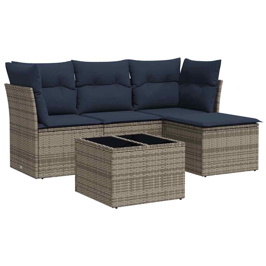 5 Piece Patio Sofa Set with Cushions Gray Poly Rattan