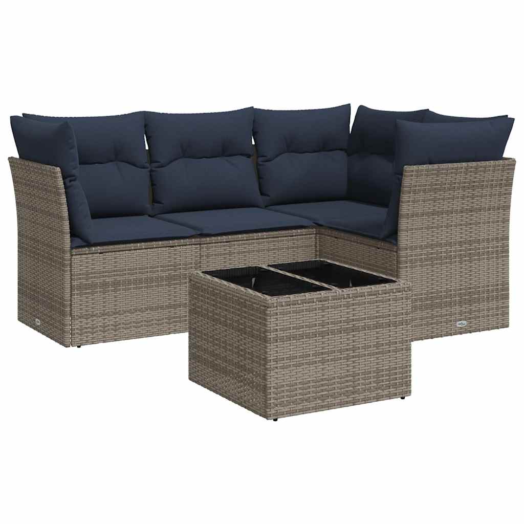 5 Piece Patio Sofa Set with Cushions Gray Poly Rattan