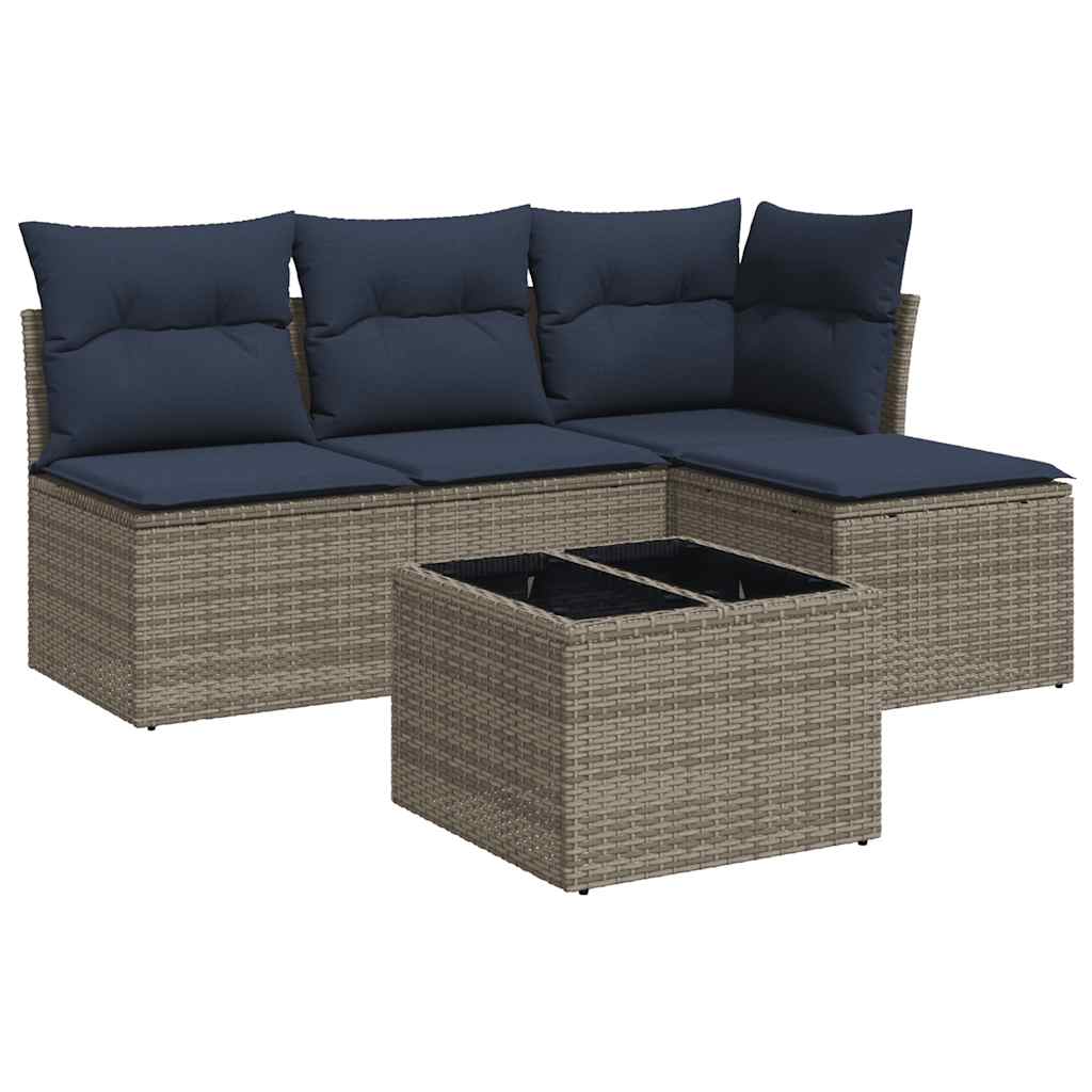 5 Piece Patio Sofa Set with Cushions Gray Poly Rattan