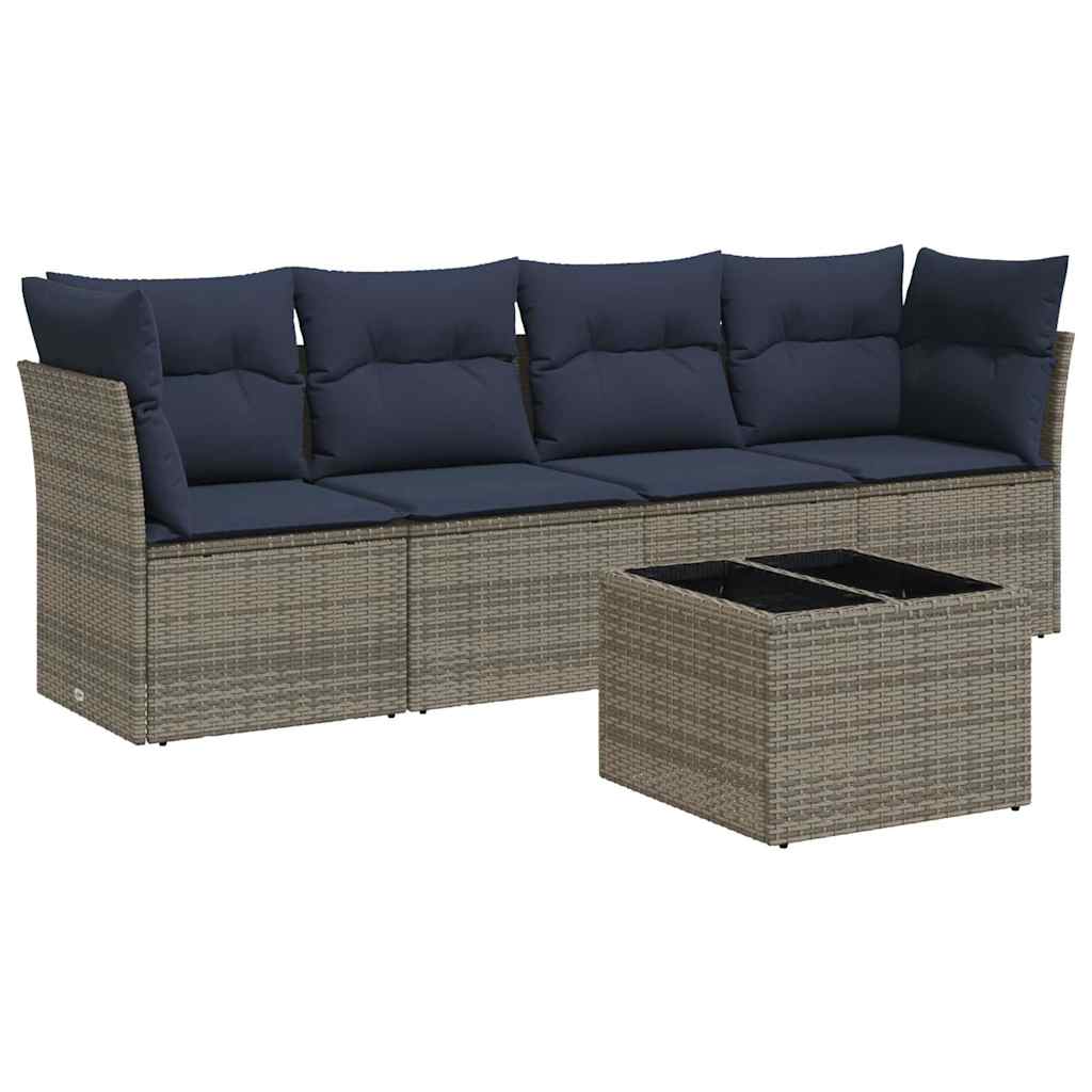 5 Piece Patio Sofa Set with Cushions Gray Poly Rattan