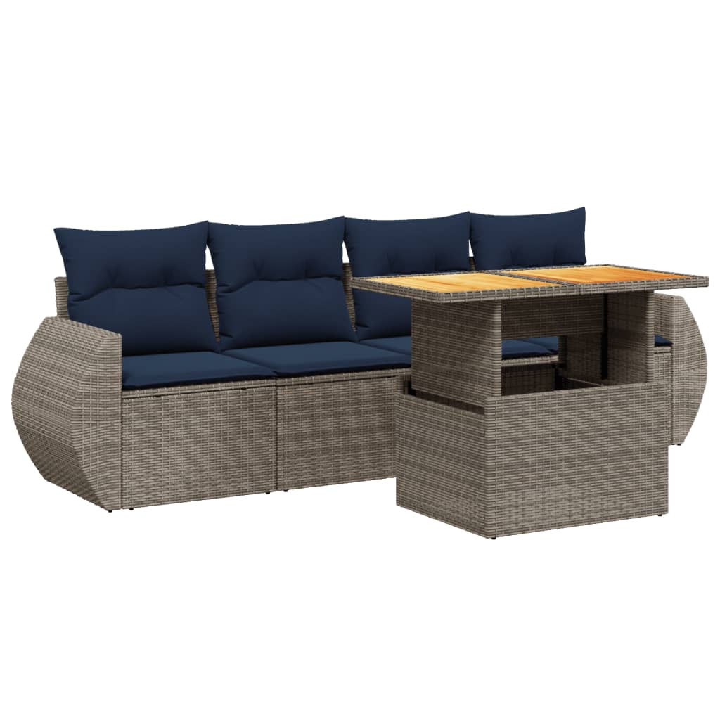 5 Piece Patio Sofa Set with Cushions Gray Poly Rattan