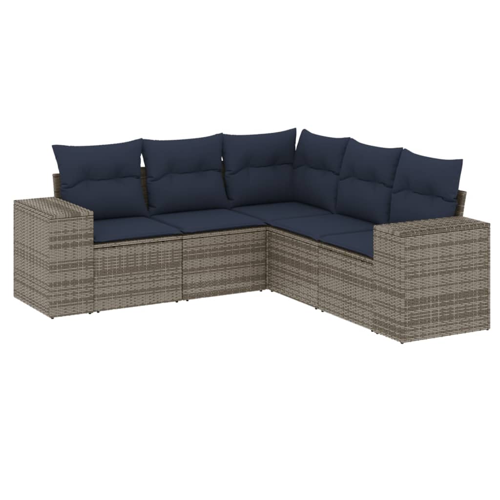 5 Piece Patio Sofa Set with Cushions Gray Poly Rattan