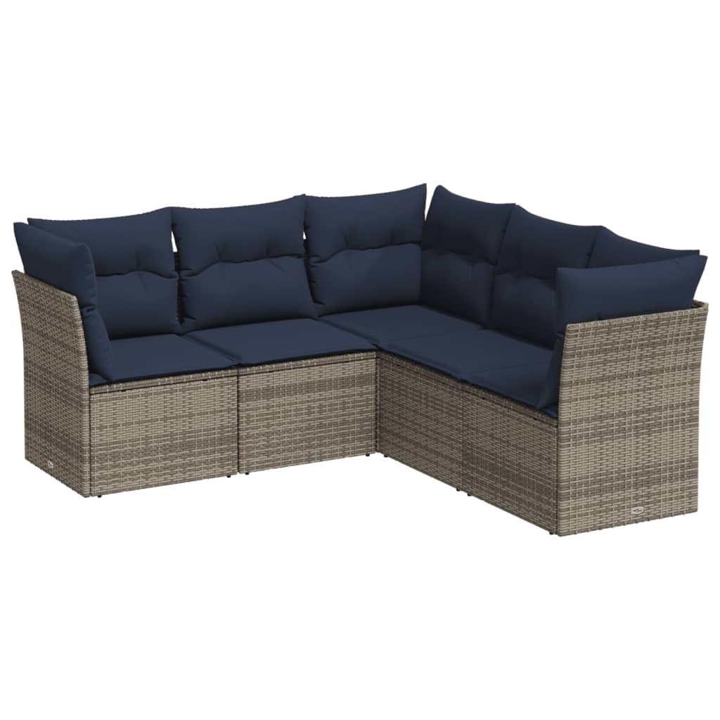 5 Piece Patio Sofa Set with Cushions Gray Poly Rattan