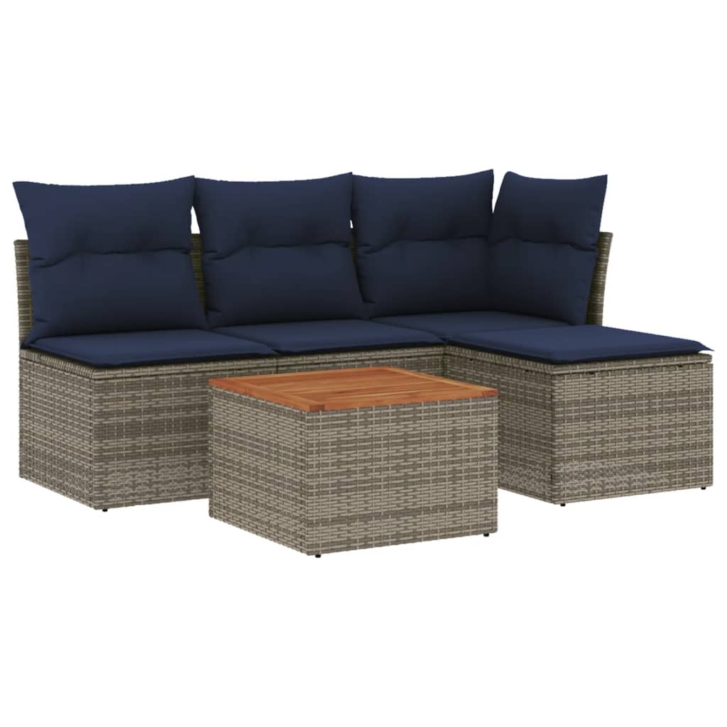 5 Piece Patio Sofa Set with Cushions Gray Poly Rattan
