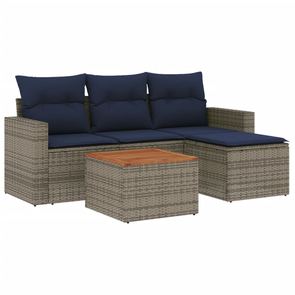 5 Piece Patio Sofa Set with Cushions Gray Poly Rattan