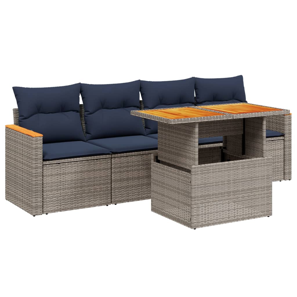 5 Piece Patio Sofa Set with Cushions Gray Poly Rattan
