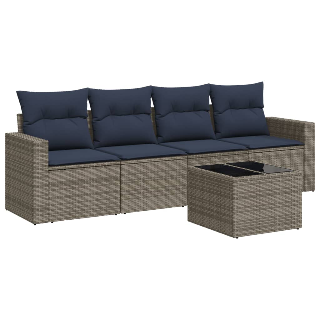 5 Piece Patio Sofa Set with Cushions Gray Poly Rattan