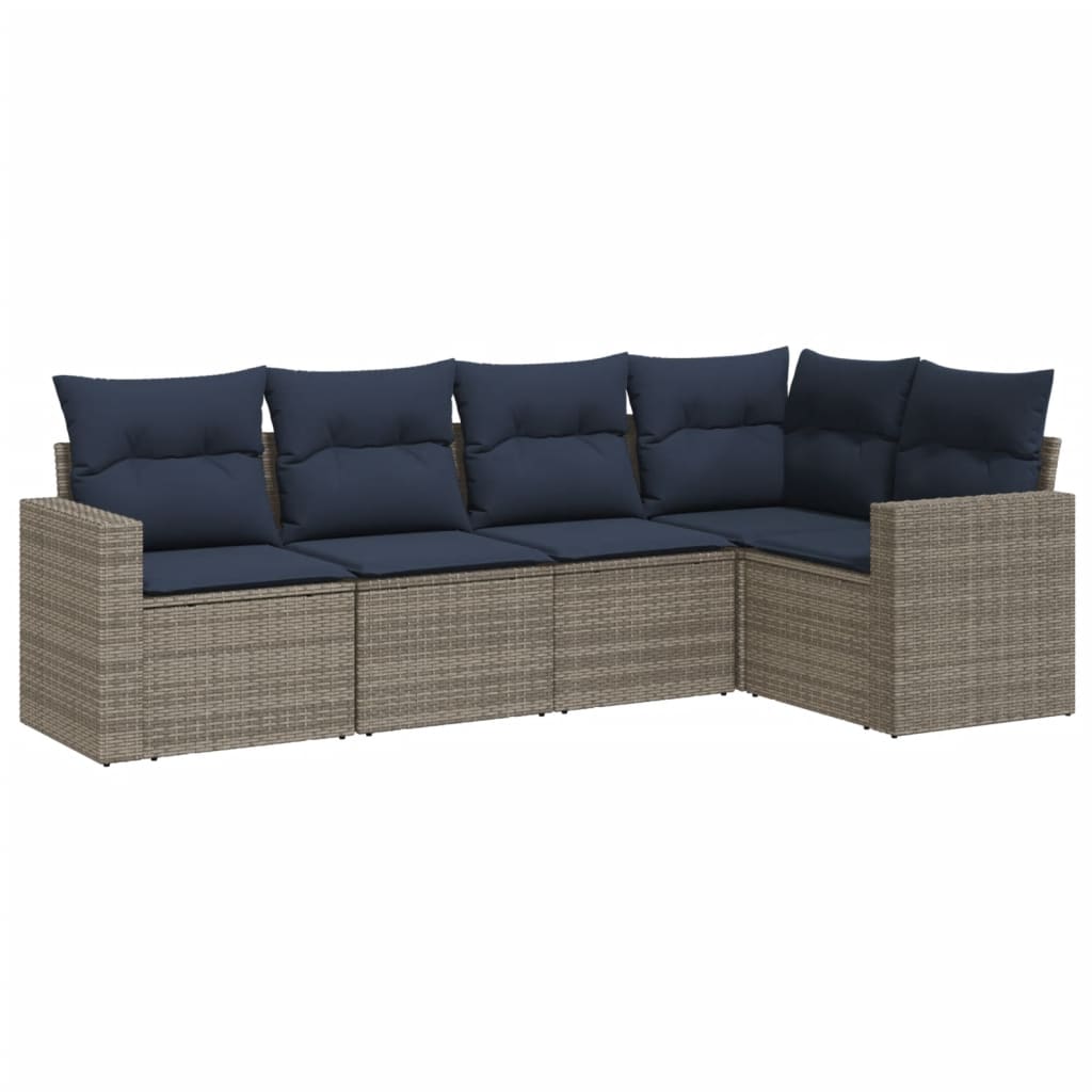 5 Piece Patio Sofa Set with Cushions Gray Poly Rattan