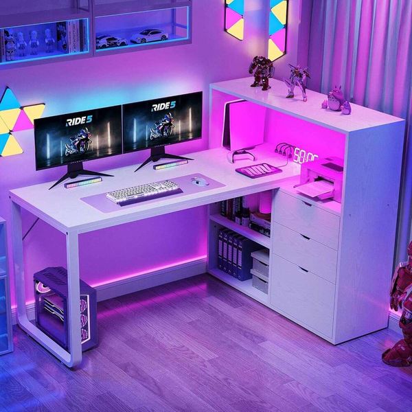 55-inch corner desk with L-shaped drawers, bookshelf, and power outlets