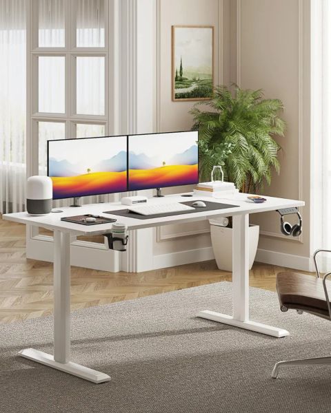 55-inch electric standing desk with ergonomic height adjustment and T-shaped metal frame for modern workstations