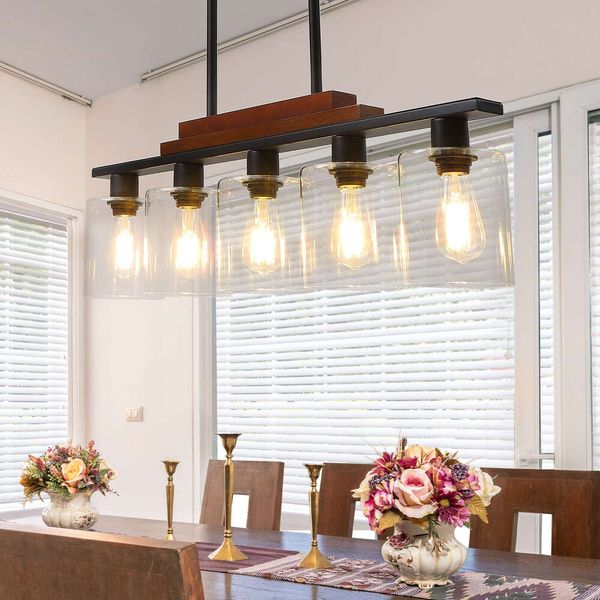 5-light island pendant chandelier with clear glass shades and rustic wood finish for kitchen or dining room