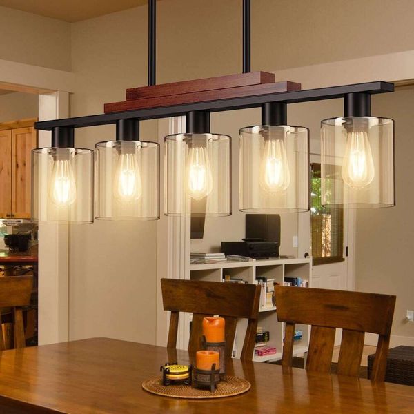 5-Light Pendant Fixtures with Clear Glass and Adjustable Wooden Rods for Rustic Kitchen Island Lighting