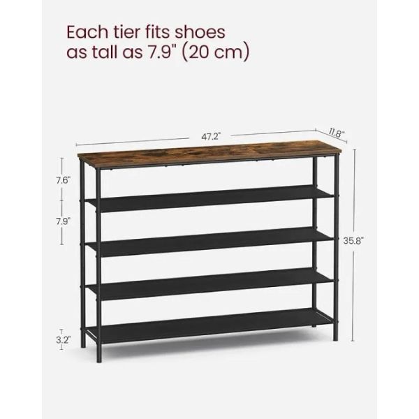 5-Tier shoe rack with 4 fabric shelves, holds 20-24 pairs, ideal for entryway organization