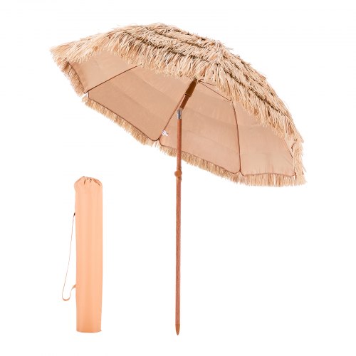 6 ft thatched patio umbrella with tilt, Hawaiian-style beach parasol featuring durable PP thatch and 8 metal ribs, ideal for poolside or grassy areas