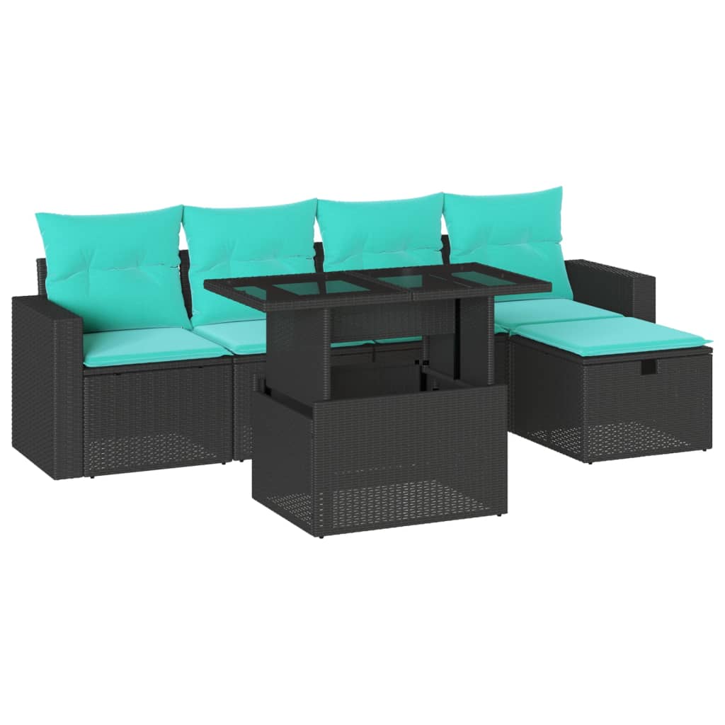 6 Piece Garden Sofa Set with Cushions Black Poly Rattan