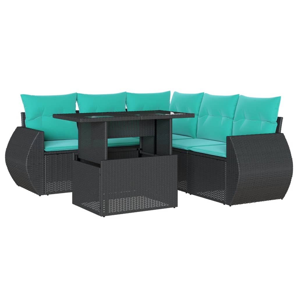 6 Piece Garden Sofa Set with Cushions Black Poly Rattan