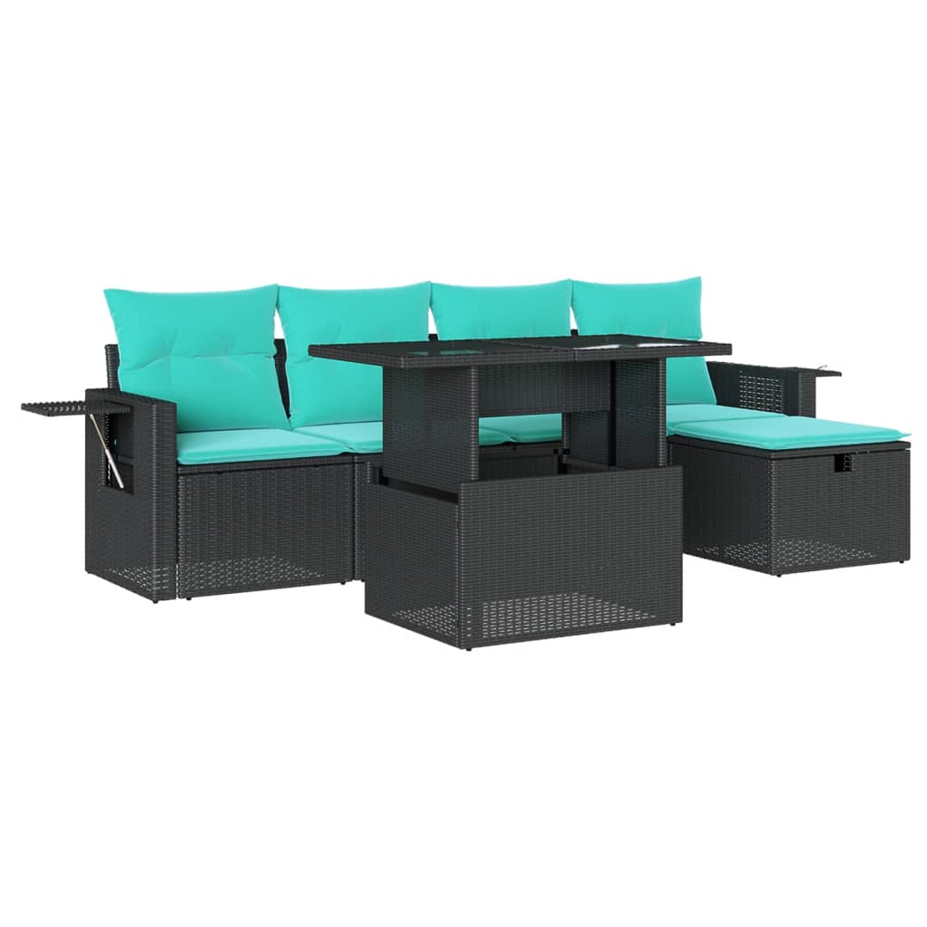 6 Piece Garden Sofa Set with Cushions Black Poly Rattan