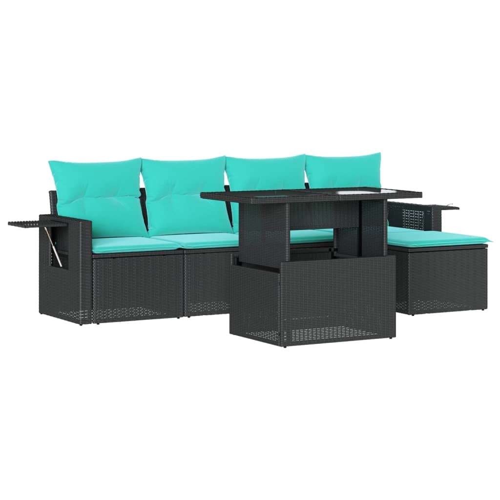 6 Piece Garden Sofa Set with Cushions Black Poly Rattan