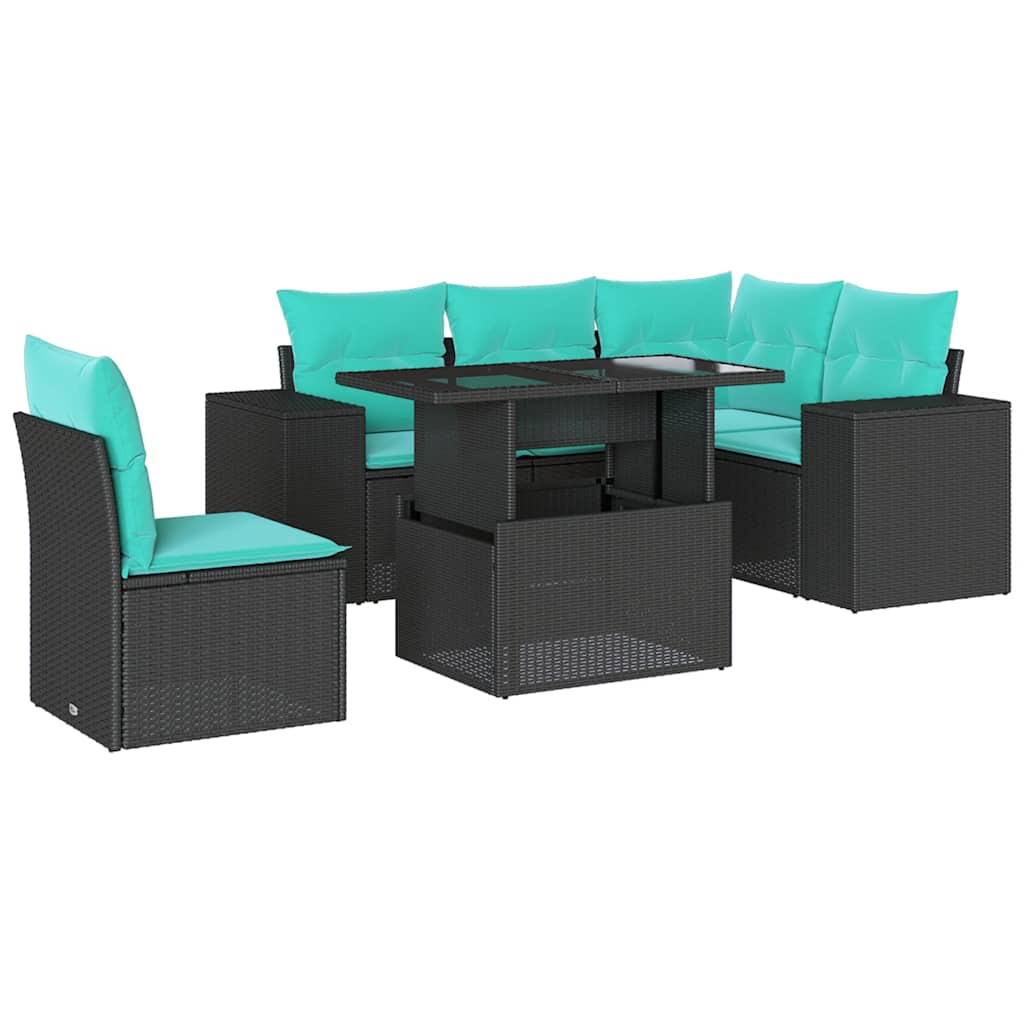 6 Piece Garden Sofa Set with Cushions Black Poly Rattan