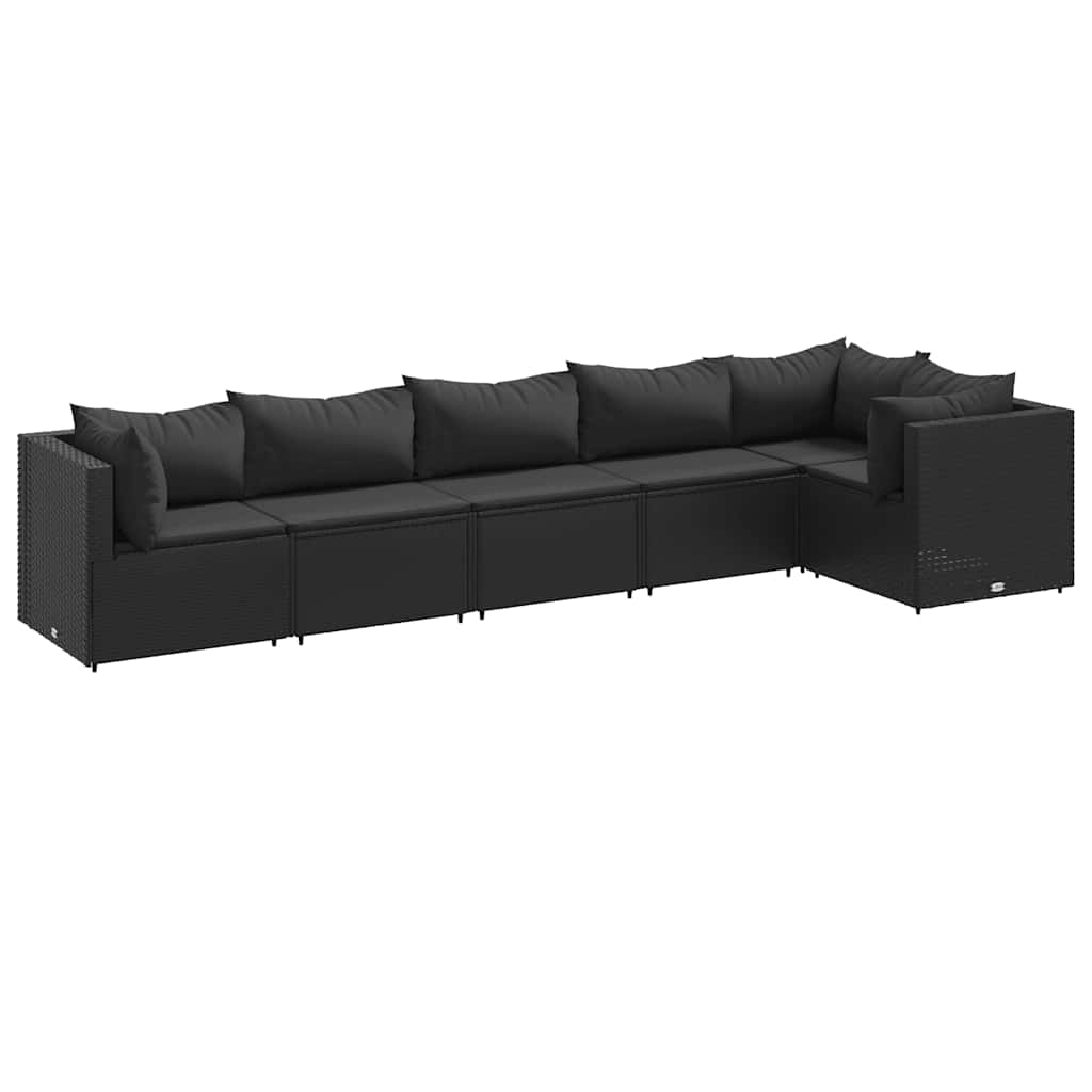 6 Piece Patio Lounge Set with Cushions Black Poly Rattan