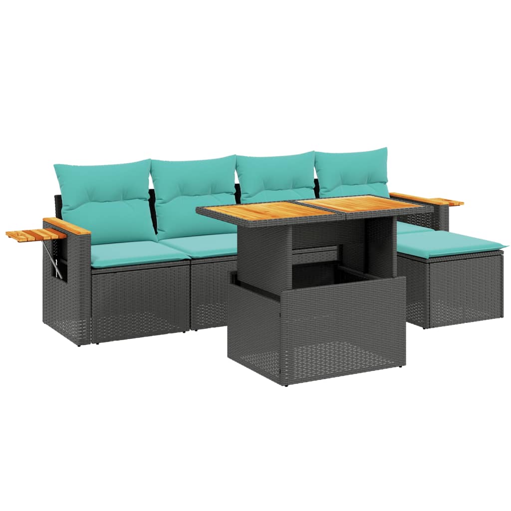 6 Piece Patio Sofa Set with Cushions Black Poly Rattan