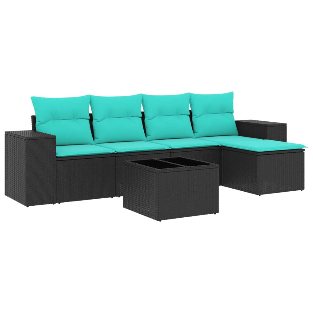 6 Piece Patio Sofa Set with Cushions Black Poly Rattan