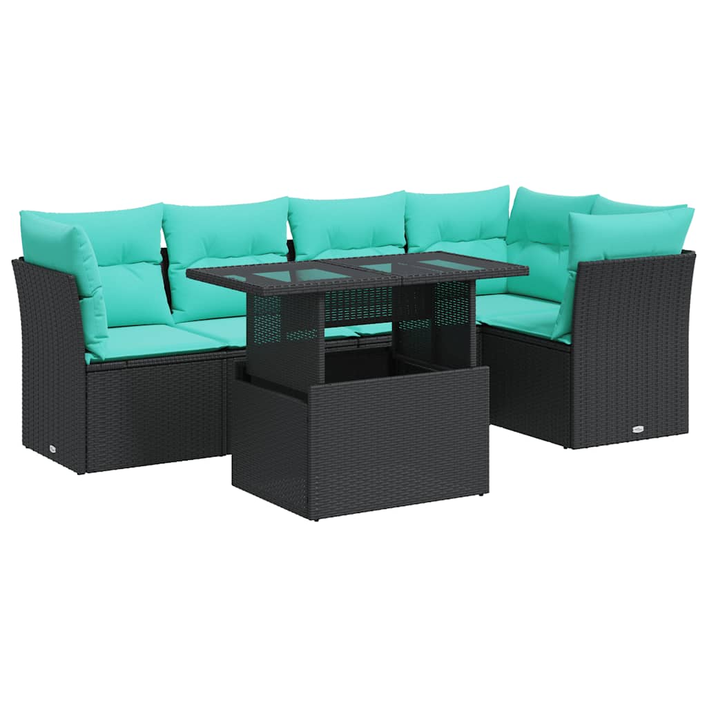 6 Piece Patio Sofa Set with Cushions Black Poly Rattan Acacia