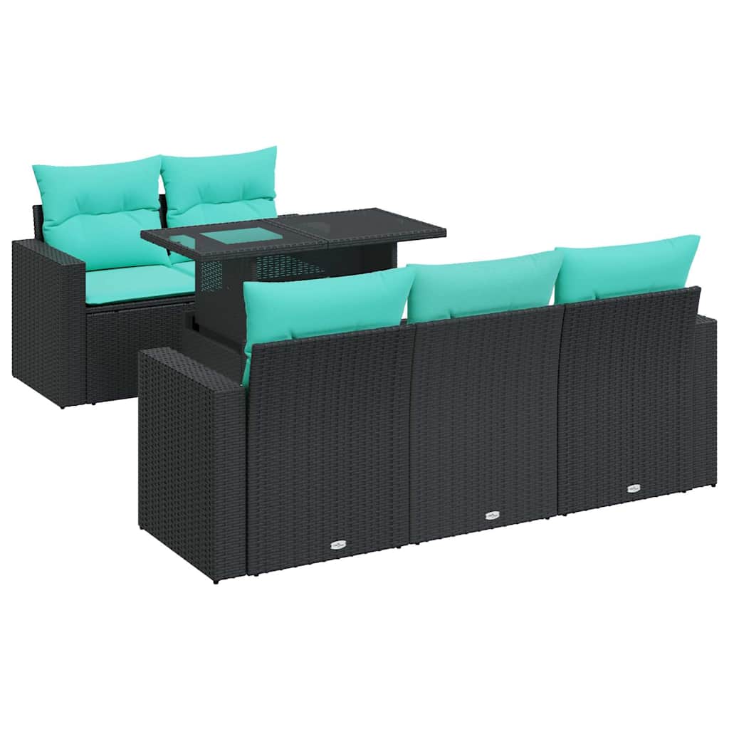6 Piece Patio Sofa Set with Cushions Black Poly Rattan Acacia