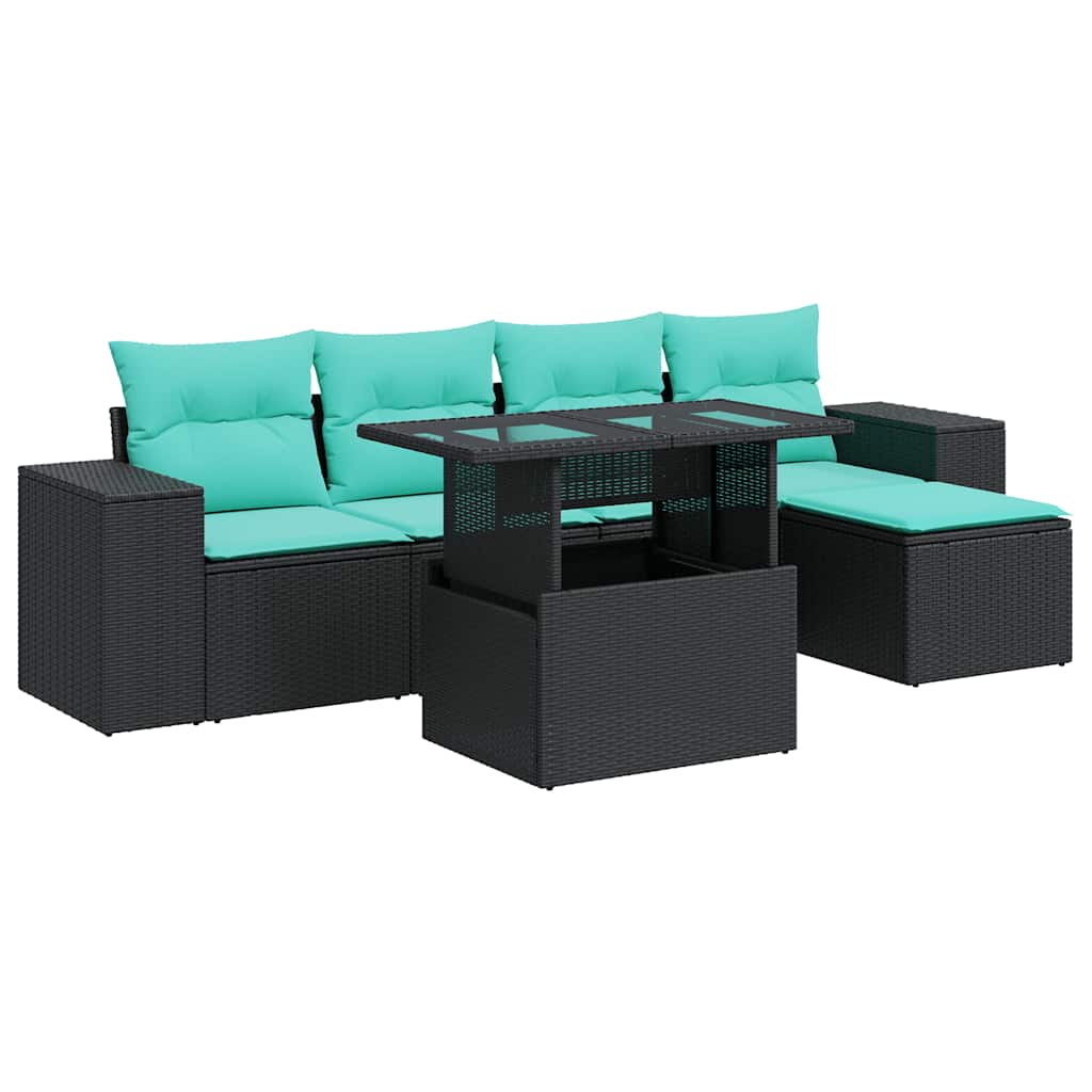 6 Piece Patio Sofa Set with Cushions Black Poly Rattan Acacia