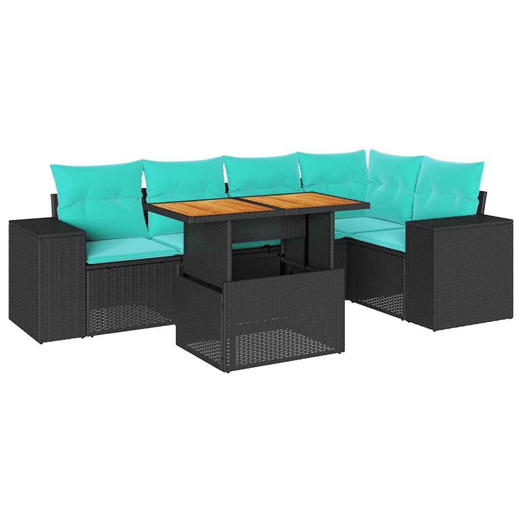 6 Piece Patio Sofa Set with Cushions Black Poly Rattan