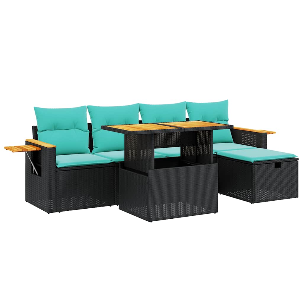 6 Piece Patio Sofa Set with Cushions Black Poly Rattan